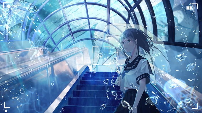 Anime girl in school uniform under an umbrella in a futuristic station