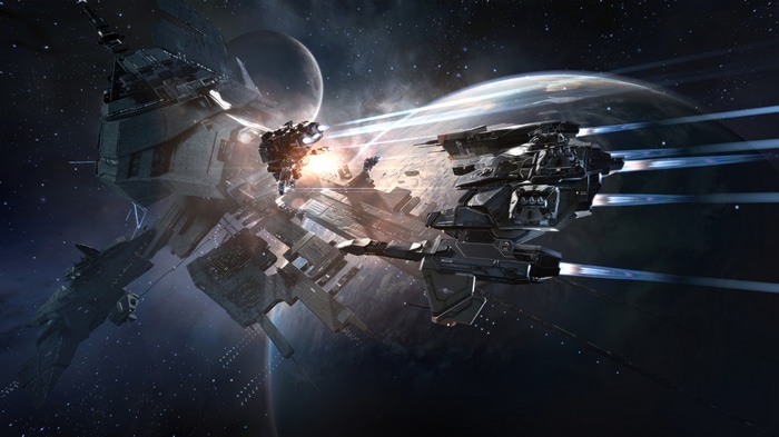 EVE Online space battle with large ships and station