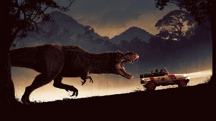 Tyrannosaurus Rex and Jeep in Jurassic Park 4K
