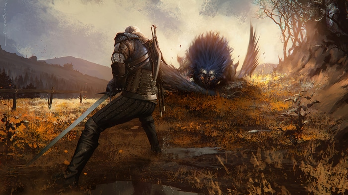 Geralt of Rivia fighting a monster in The Witcher 3
