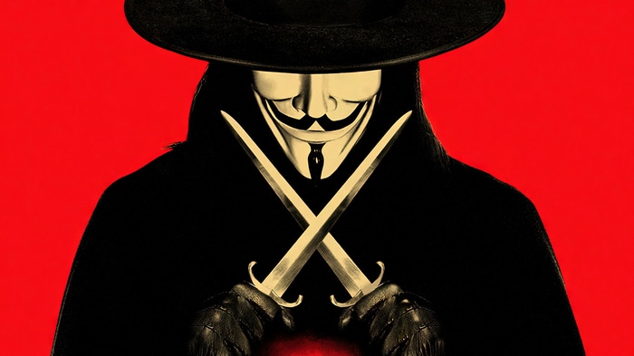 V from V for Vendetta with crossed swords