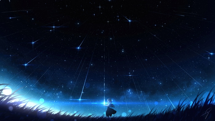 Anime girl under a starry night sky with comets