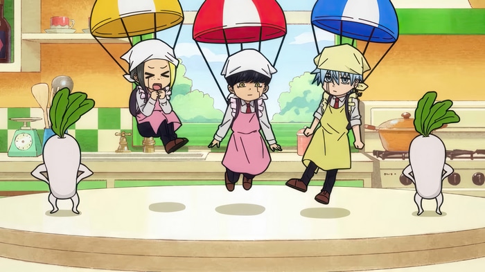 Mashle Characters Parachuting into a Kitchen