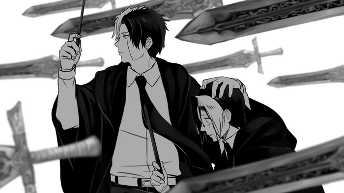 Mashle: Finn Ames and Lance Crown surrounded by swords