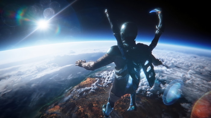 Blue Beetle in space above Earth 4K