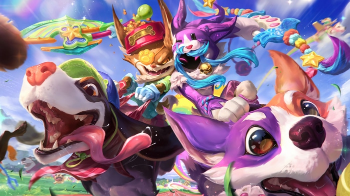 Kindred and dogs in League of Legends 4K splash art