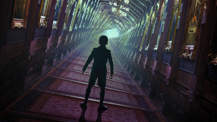 Haunted Mansion hallway with a boy