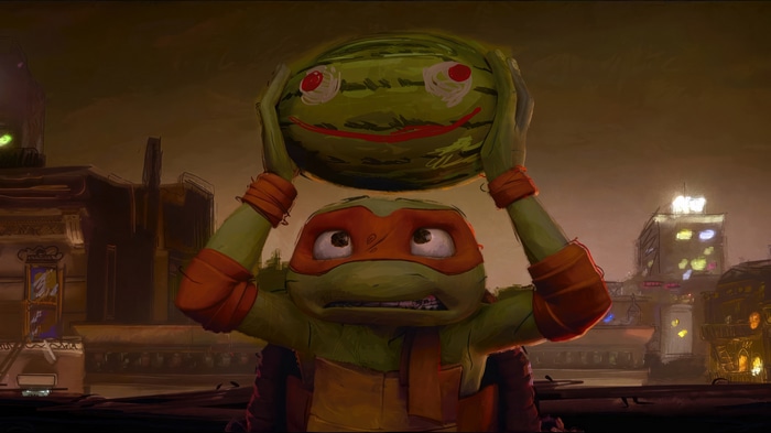 Michelangelo holding a watermelon in Teenage Mutant Ninja Turtles: Mutant Mayhem 4K