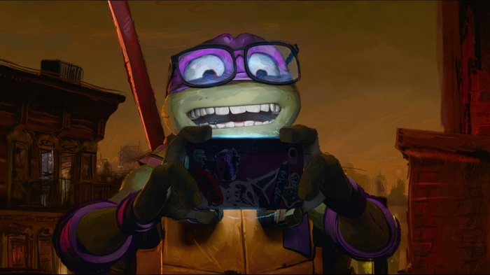 Donatello from Teenage Mutant Ninja Turtles: Mutant Mayhem taking a selfie