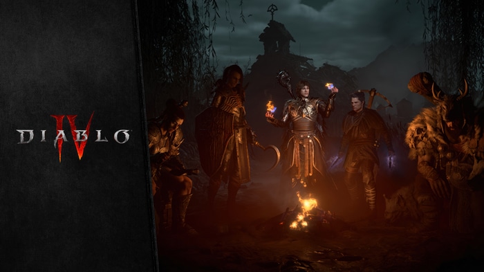 Diablo IV characters around a campfire