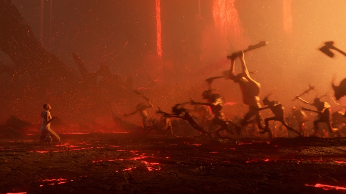 Diablo IV Hellscape with Demons and a Kneeling Figure
