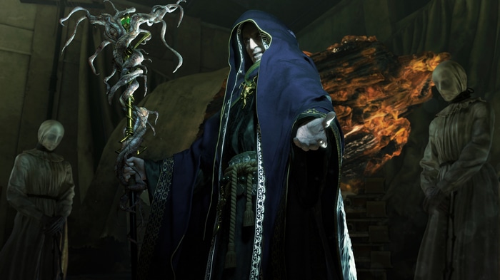 Osmund Saddler with a staff and two figures in Resident Evil 4 Remake 4K