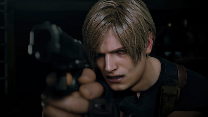 Leon S. Kennedy aiming a gun in Resident Evil 4 Remake 4K