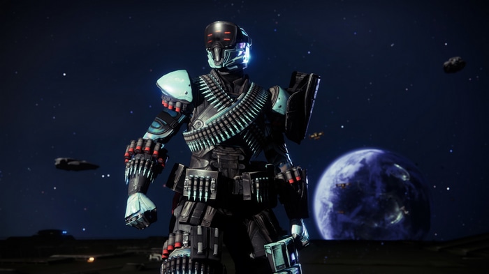 Destiny 2 Guardian with ammo belts in space
