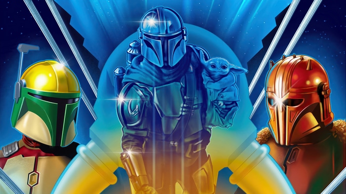 The Mandalorian and Grogu with other Mandalorians