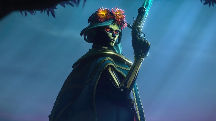 Muerta from Dota 2 holding a gun