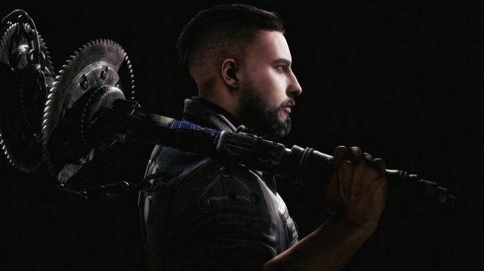 Atomic Heart character with a saw weapon