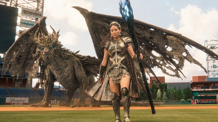 Lucy Liu as Kalypso with a dragon in Shazam! Fury of Gods 4K