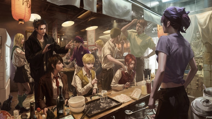 Attack on Titan characters in a restaurant