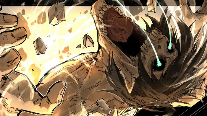 Attack Titan screaming with glowing eyes