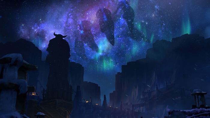 Aurelion Sol in a starry night sky with aurora