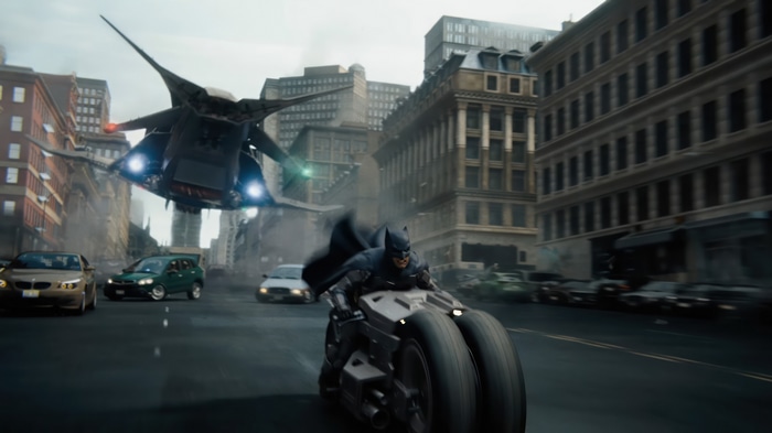 Batman on Batpod with Aircraft in City