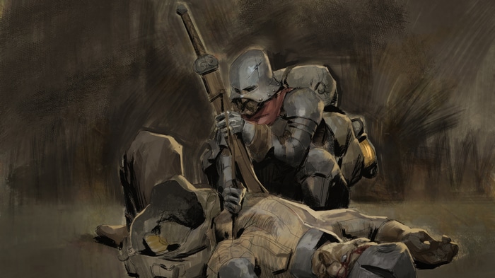 Dark and Darker knight with fallen comrade