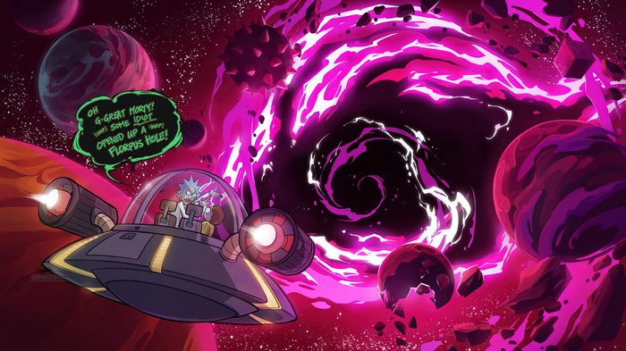 Rick and Morty in a spaceship near a portal