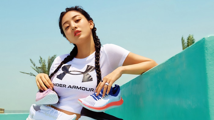 Jihyo of TWICE poses with Under Armour shoes