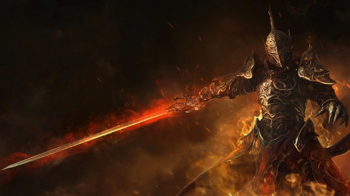 Knight with flaming sword in 4K