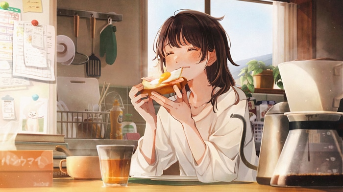 Anime Girl Eating Breakfast with Coffee