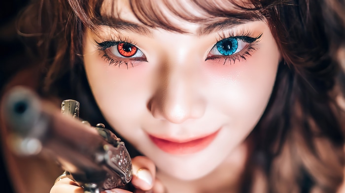 Asian girl with heterochromia holding a pistol