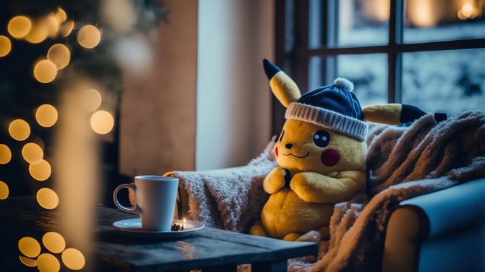 Pikachu in a winter hat with a mug of coffee