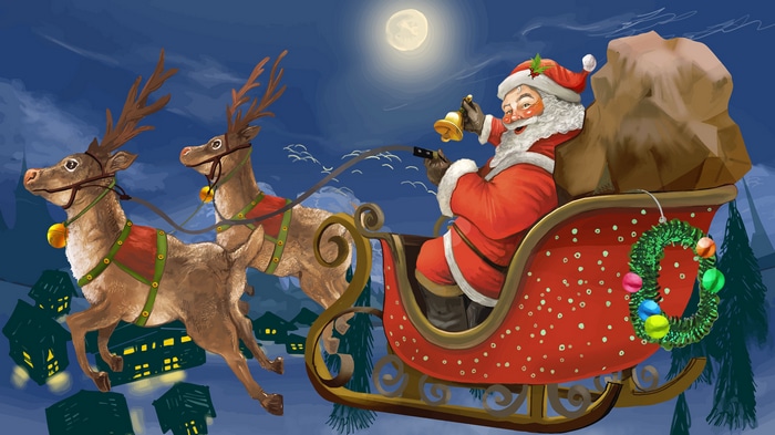 Santa Claus riding a sleigh pulled by reindeer