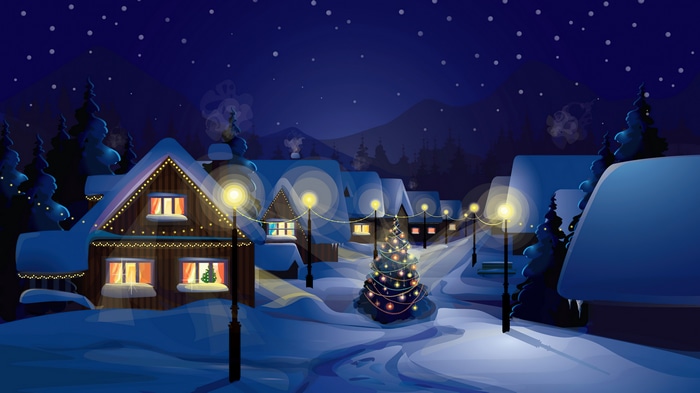 Christmas Village at Night with Snow