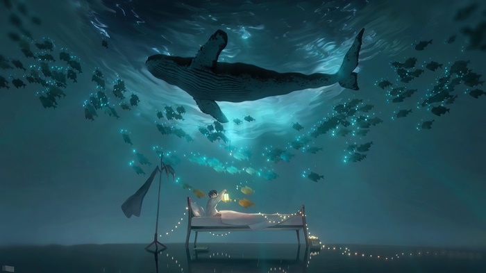Anime Boy Underwater with Whale and Fish 4K