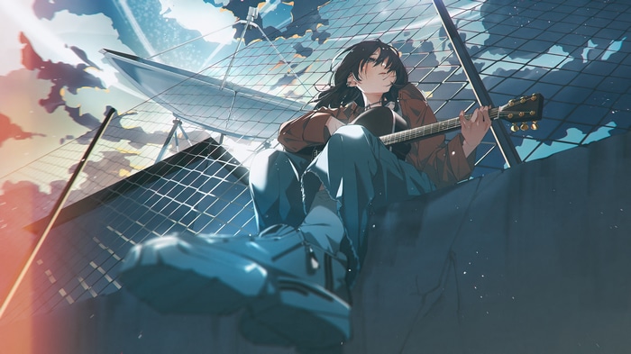 Anime Girl Playing Guitar on a Rooftop