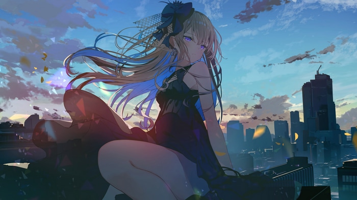 Anime Girl in Black Dress Overlooking City at Sunrise 4K