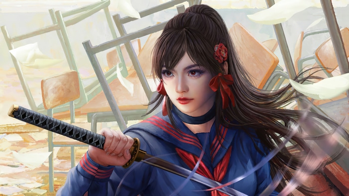 Anime Girl with Katana in Classroom