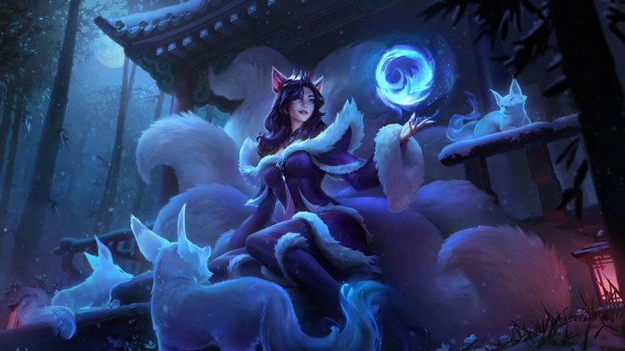 Ahri from League of Legends in a snowy forest