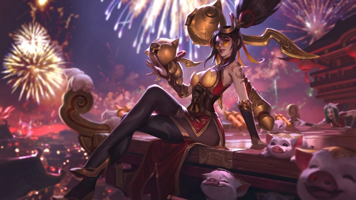 Vayne from League of Legends with pigs and fireworks
