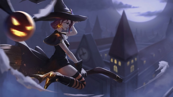 Anime Witch Riding a Broom with a Pumpkin 4K
