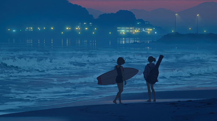 Anime Girls on Beach with Surfboard at Sunset 4K
