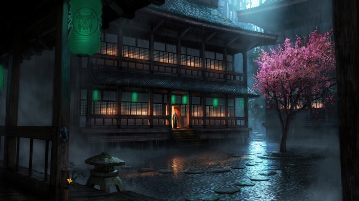 Japanese Castle in Rain with Cherry Blossom 4K