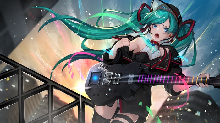 Hatsune Miku playing a guitar with colorful lights