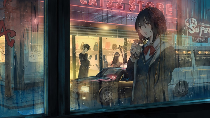 Anime girl with headphones in the rain