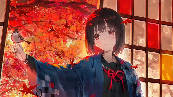 Anime girl with sparrow in autumn maple trees 4K