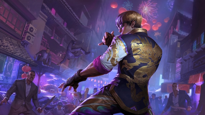 Lee Sin in a vibrant city at night with fireworks