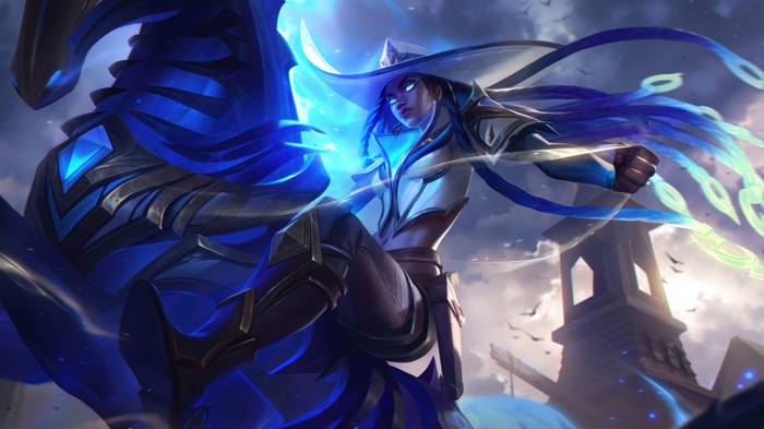 Senna on a blue horse in League of Legends 4K