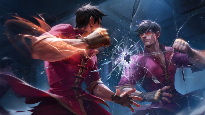 Lee Sin punching through a cracked mirror in League of Legends 4K